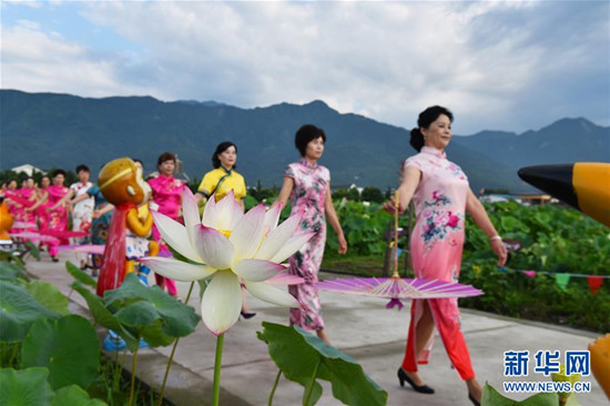 旗袍爱好者在四川省绵竹市九龙镇新龙村荷塘参加旗袍走秀