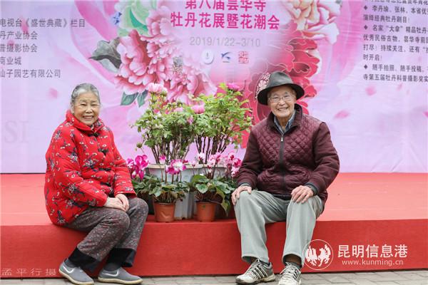 杭州到昆的游客在昙华寺公园与“花中之王”合影。彩龙网友松木有骨摄