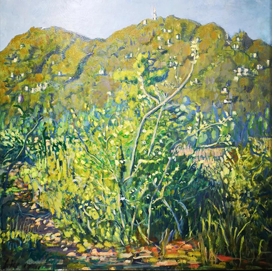 （刘刚）《黄昏中的塔》布面油画-100cm-x-100cm-2017年