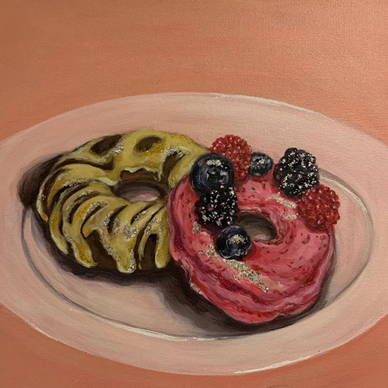 （杨佳）《盘子里的甜甜圈》布面丙烯、闪光粉-40cm-x-40cm-2018年