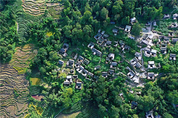 航拍下的梯田与村落 局部 摄 航拍下的梯田与村落 局部 摄