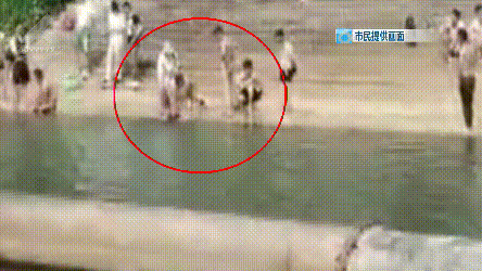 昆明盘龙江里有人栓绳遛娃