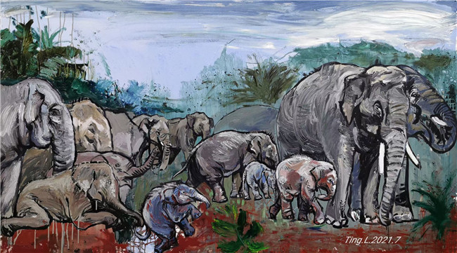 为野象北迁所绘的油画《寻找家园》 刘婷惠赠 为野象北迁所绘的油画《寻找家园》 刘婷惠赠