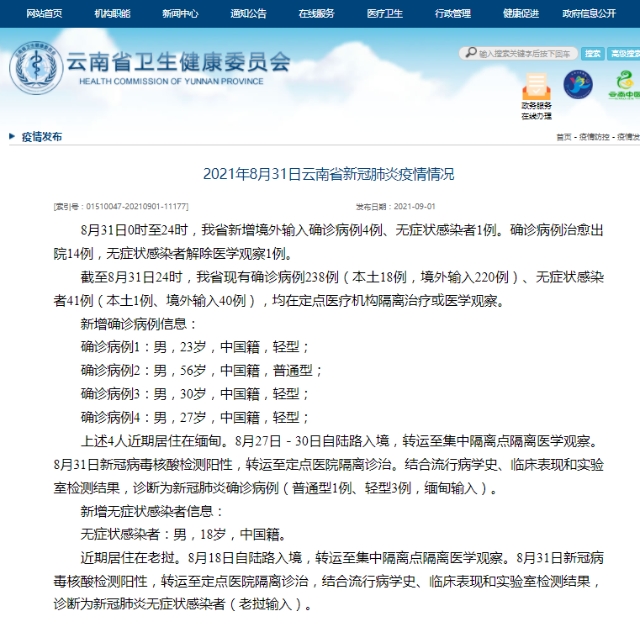 8月31日，云南新增境外输入确诊病例4例、无症状感染者1例