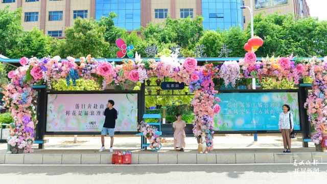 哇,这是“小仙女专列”吗?昆明斗南有一个鲜花公交站台!(龙宇丹 摄)