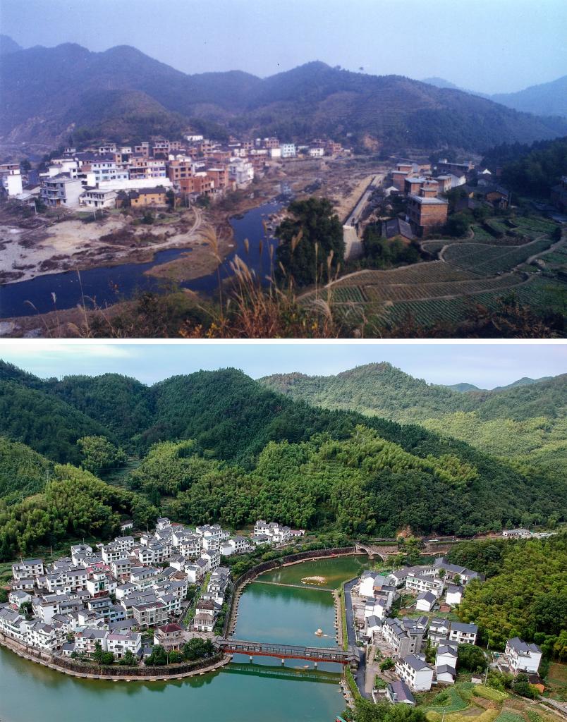 图为浙江省杭州市淳安县枫树岭镇下姜村拼版图,其中上图为资料照片、下图由新华社记者张铖摄。